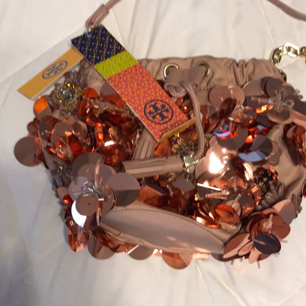 Tory Burch Flower Sequined Rose Gold Bag NWT - Picture 6 of 7